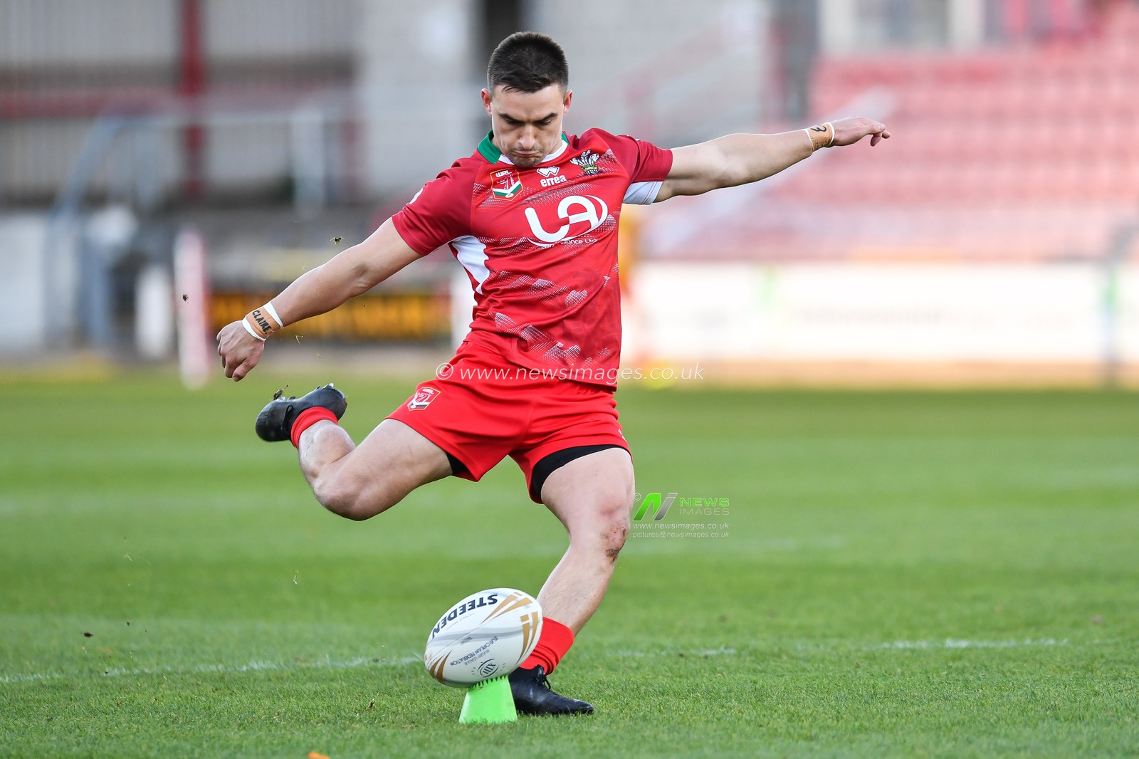 11th November 2018 , Racecourse Ground,  Wrexham, Wales ;  Rugby League World Cup Qualifier,Wales v Ireland ; James Olds of Wales kicks at goal


Credit:   Craig Thomas/News Images
