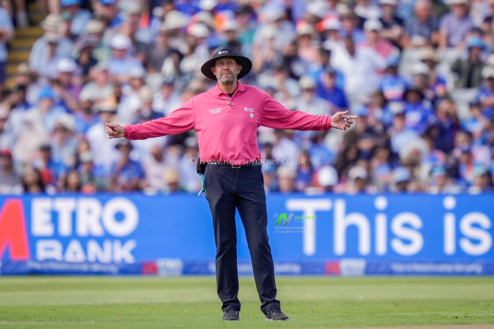 Umpire signals a wide during the 1st Metro Bank ODI match England vs India at Edgbaston, Birmingham, United Kingdom on 14 July 2026

(Photo by Maynard Manyowa/News Images)