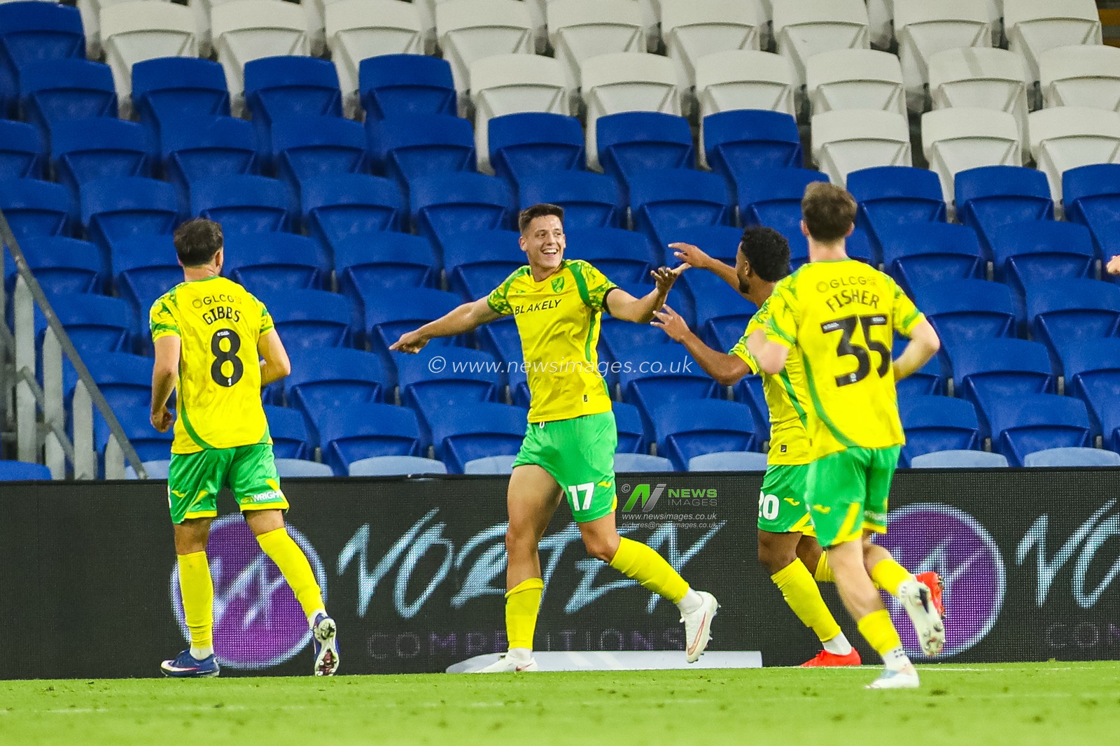 Ante Crnac of Norwich City celebrates scoring his teams second goal during the Carabao Cup round 2 match Cardiff City vs Norwich City at Cardiff City Stadium, Cardiff, United Kingdom on 25 August 2026

(Photo by Andrew Lewis/News Images)