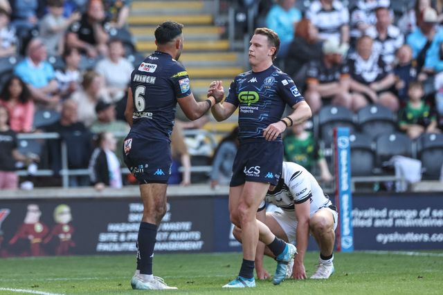 Bevan French of Wigan Warriors celebrates his try during the Betfred Super League Round 9 match Hull FC vs Wigan Warriors at MKM Stadium, Hull, United Kingdom, 27th April 2025

(Photo by Mark Cosgrove/News Images)