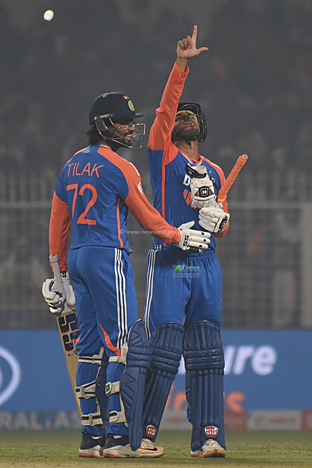 India's Abhishek Sharma, right, celebrates after scoring fifty runs during the first T20 cricket match between India and England at Eden Gardens in Kolkata, India, Wednesday, Jan. 22, 2025..Pictures by Debajyoti Chakraborty.(Photo: Debajyoti Chakraborty/News Images)