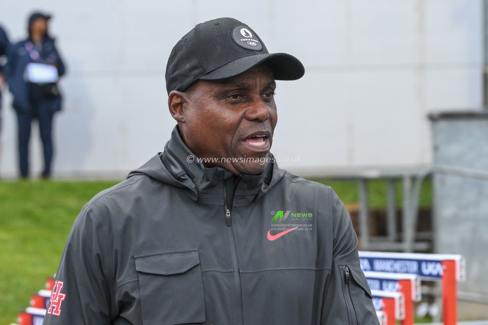 Former American track star Carl Lewis in attendance as he. Coaches the winner of the 100m during the Microplus UK Athletics Championships Day 1 at Manchester Regional Arena, Manchester, United Kingdom, 29th June 2024

(Photo by Craig Thomas/News Images)