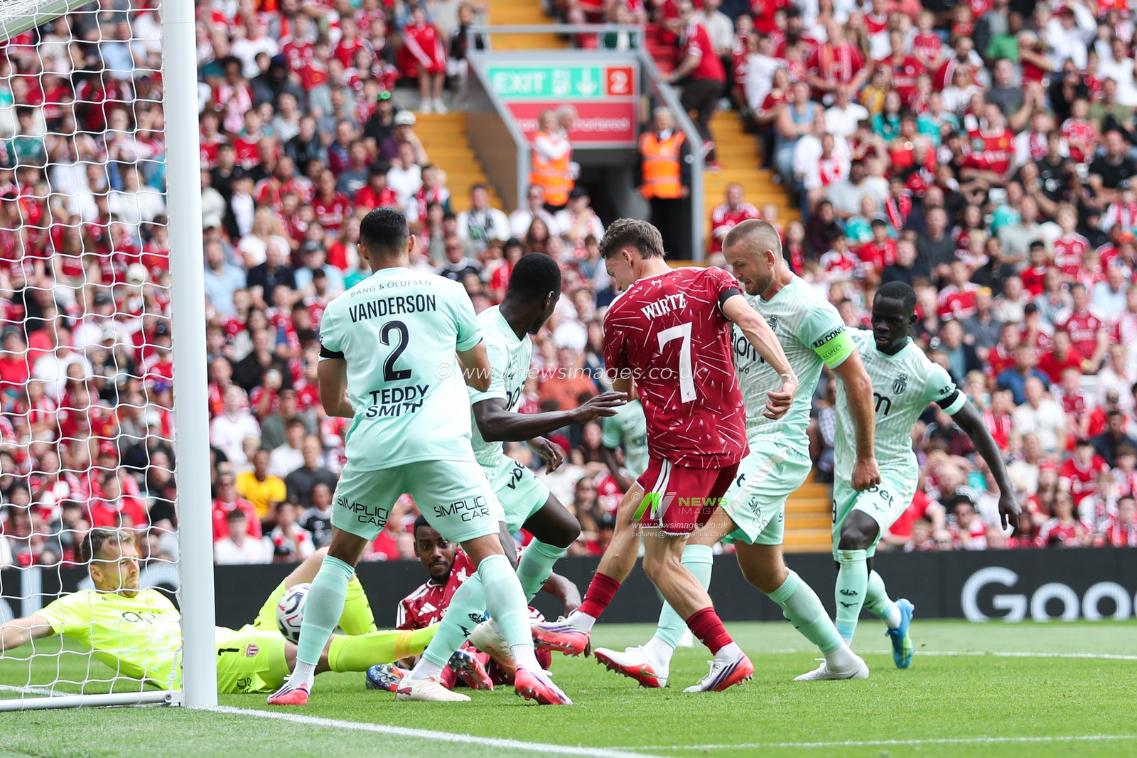 Florian Wirtz of Liverpool shoots and scores to make it 2-0 during the pre-season friendly match Liverpool vs Monaco at Anfield, Liverpool, United Kingdom on 09 August 2026

(Photo by Jorge Horsted/News Images)