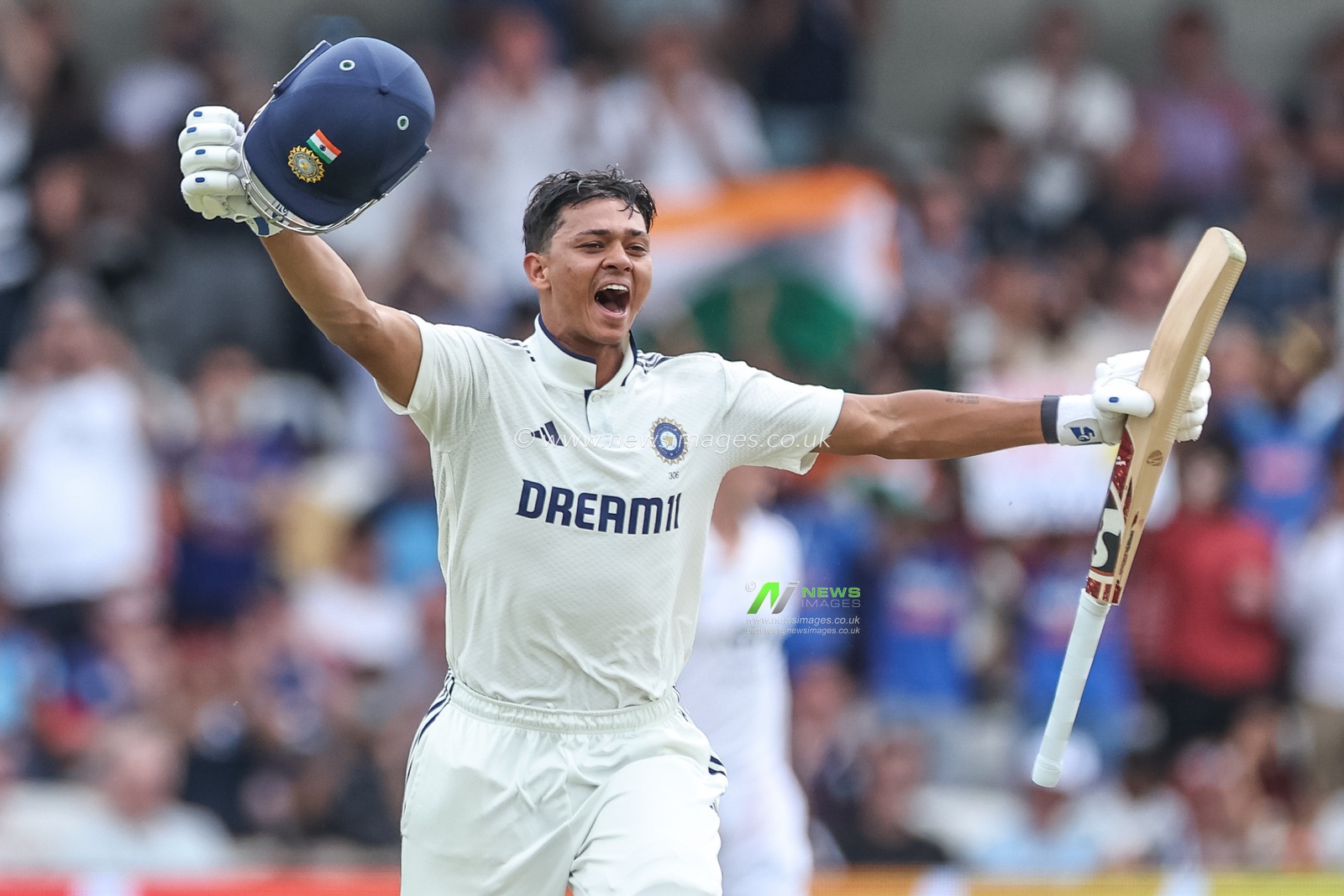 Yashasvi Jaiswal of India celebrates a century (100 runs) during the 1st Rothesay Test Match Day 1 England vs India at Headingley Cricket Ground, Leeds, United Kingdom, 20th June 2025

(Photo by Mark Cosgrove/News Images)