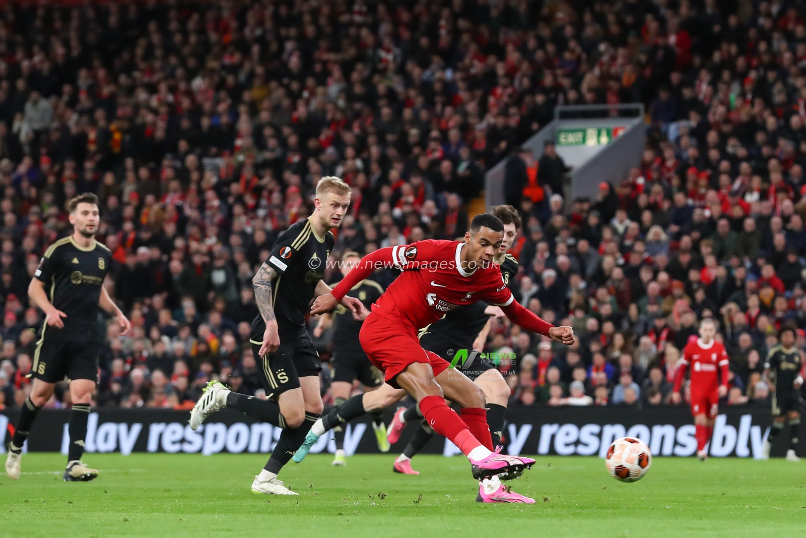 Cody Gakpo of Liverpool shoots at goal, during the UEFA Europa League match Liverpool vs Sparta Prague at Anfield, Liverpool, United Kingdom, 14th March 2024

(Photo by Gareth Evans/News Images)