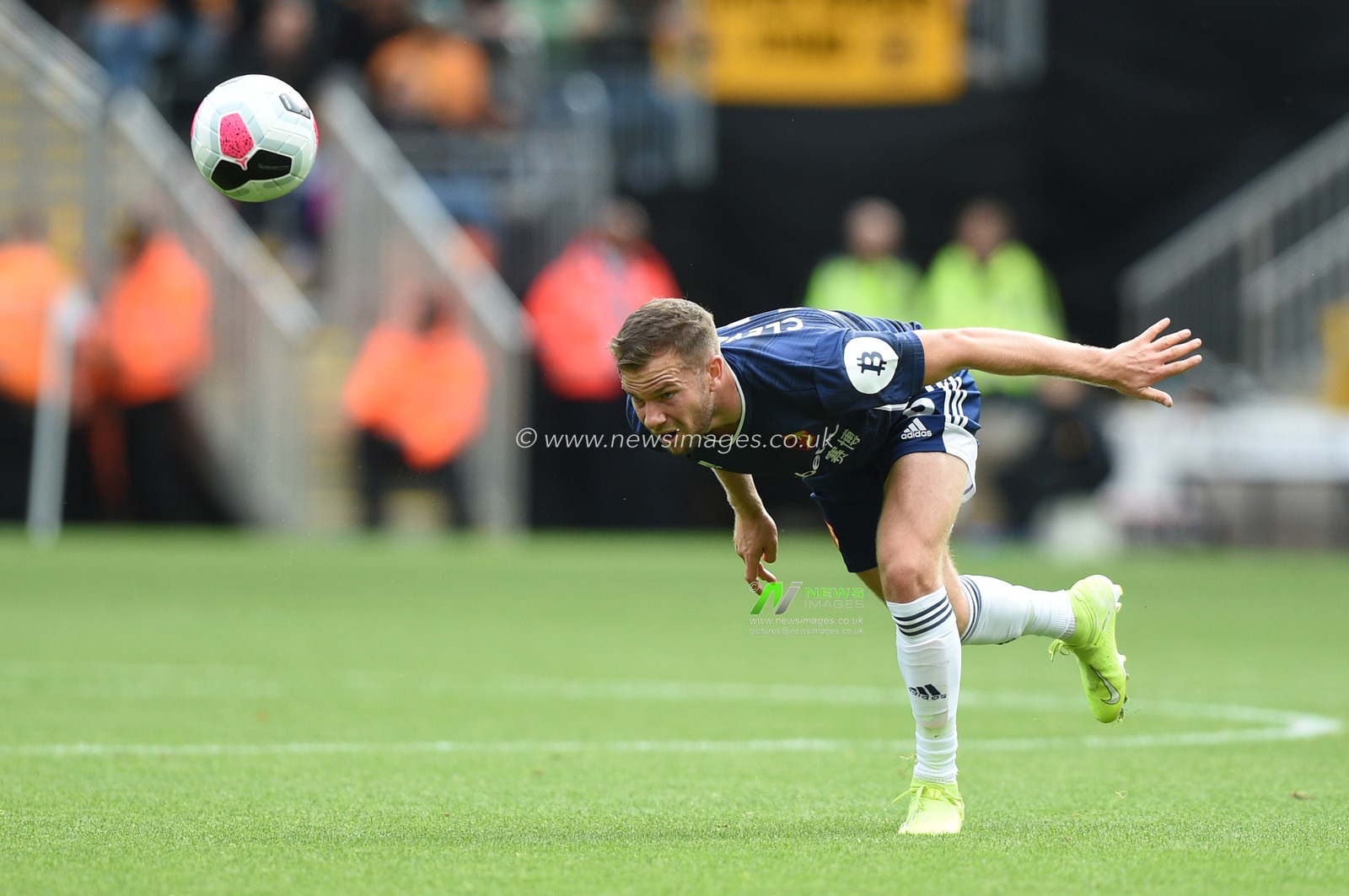 28th September 2019, Molineux, Wolverhampton, England; Premier League, Wolverhampton Wanderers v Watford : Tom Cleverley (8) of Watford heads the ball during the game

Credit: Richard Long/News Images