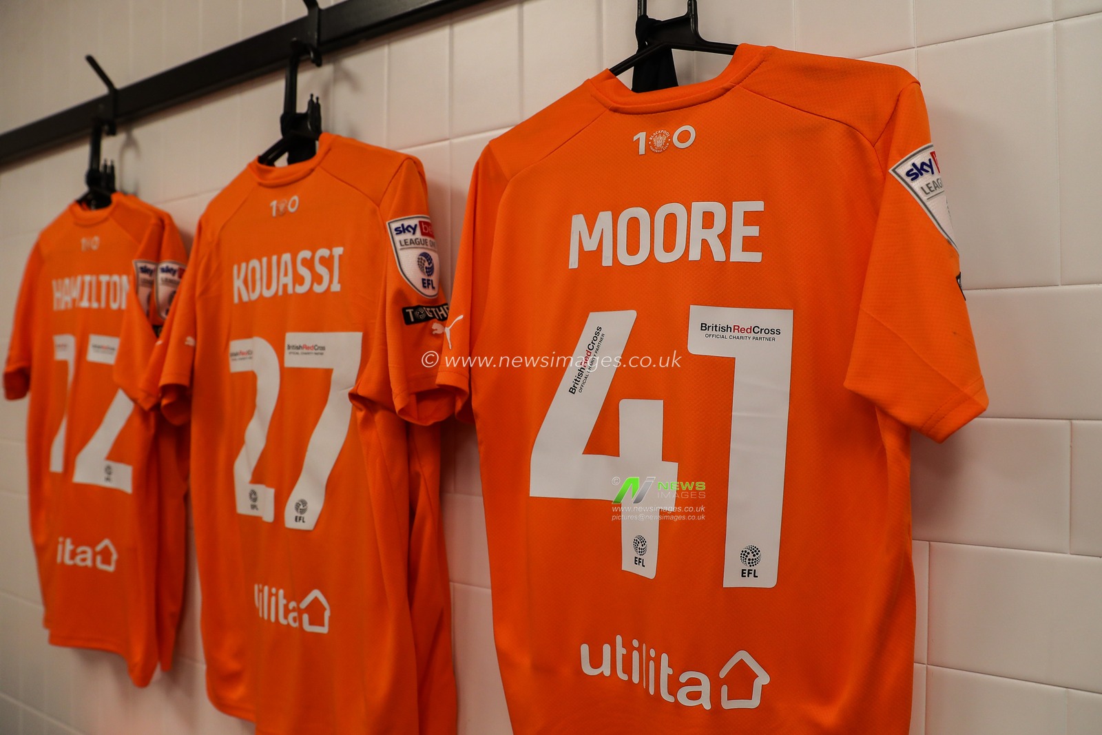 The home shirt of Blackpool players hanging up in the changing room ahead of the Sky Bet League 1 match Derby County vs Blackpool at Pride Park Stadium, Derby, United Kingdom, 29th March 2024

(Photo by Gareth Evans/News Images)