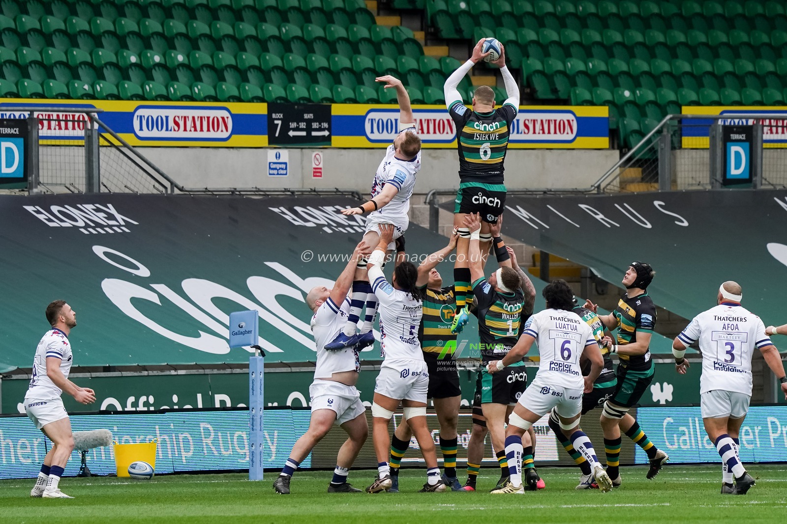 Nick Isiekwe #6 of Northampton Saints wins the line out