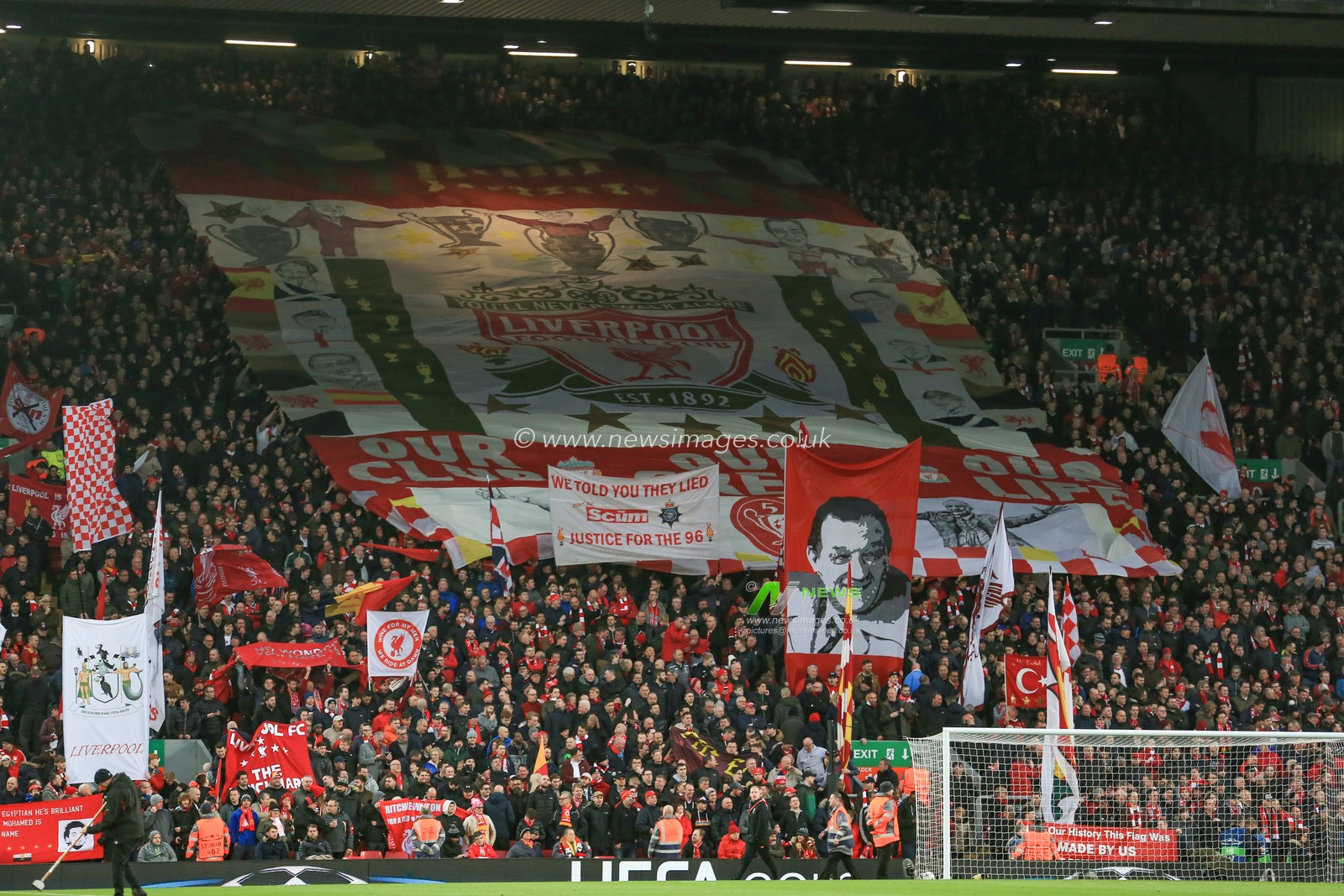 4th April 2018 , Anfield, Liverpool, England; Champions League Quarter Final, first leg, Liverpool v Manchester City; Flags of the cop