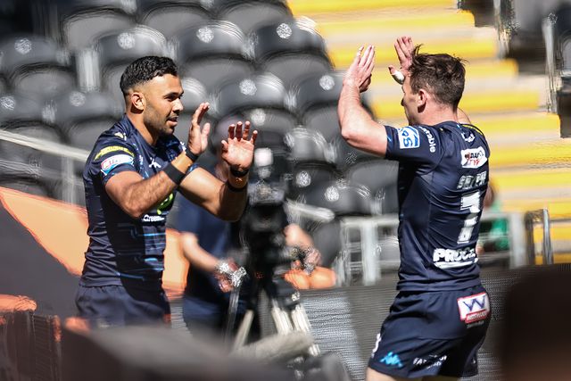Bevan French of Wigan Warriors celebrates his try during the Betfred Super League Round 9 match Hull FC vs Wigan Warriors at MKM Stadium, Hull, United Kingdom, 27th April 2025

(Photo by Mark Cosgrove/News Images)