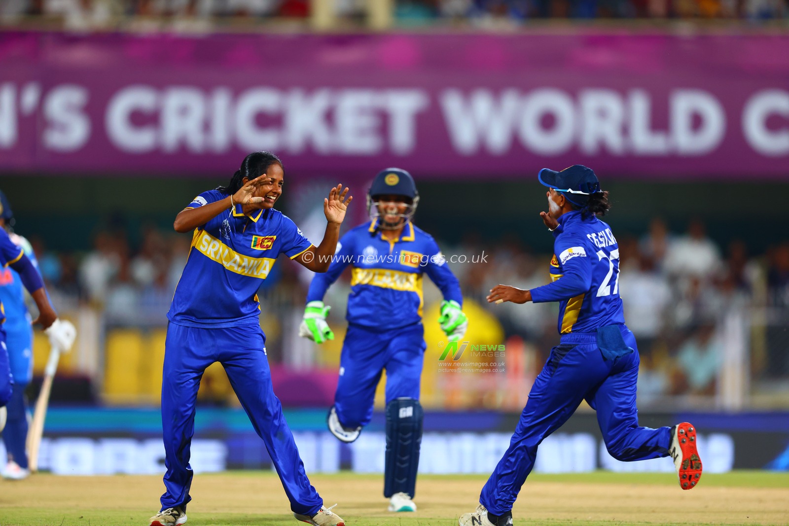 bowler Inoka Ranaweera of Sri Lanka celebrating the wicket of Jemimah Rodrigues of India  during the ICC Women's World Cup India Women v Sri Lanka Women at ACA Barsapara Cricket Stadium, Guwahati, India, 30th September 2025

(Photo by Shubhajit Roy Karmakar/News Images)