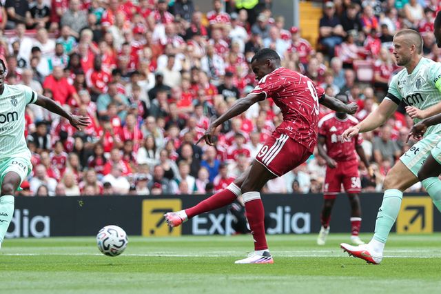 Alexander Isak of Liverpool shoots and scores to make it 1-0 during the pre-season friendly match Liverpool vs Monaco at Anfield, Liverpool, United Kingdom on 09 August 2026

(Photo by Jorge Horsted/News Images)