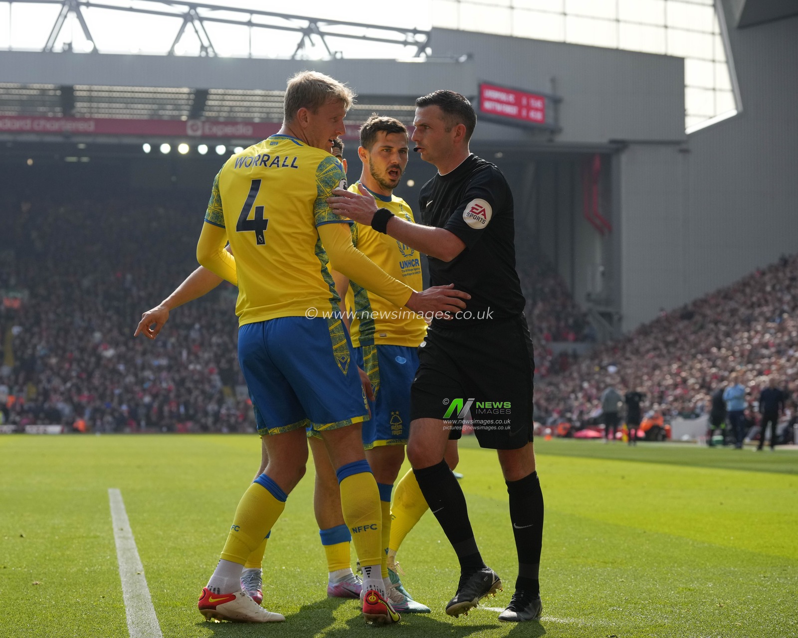 Nottingham Forest dispute a decision with Referee Michael Oliver during the Premier League match Liverpool vs Nottingham Forest at Anfield, Liverpool, United Kingdom, 22nd April 2023

(Photo by Steve Flynn/News Images)