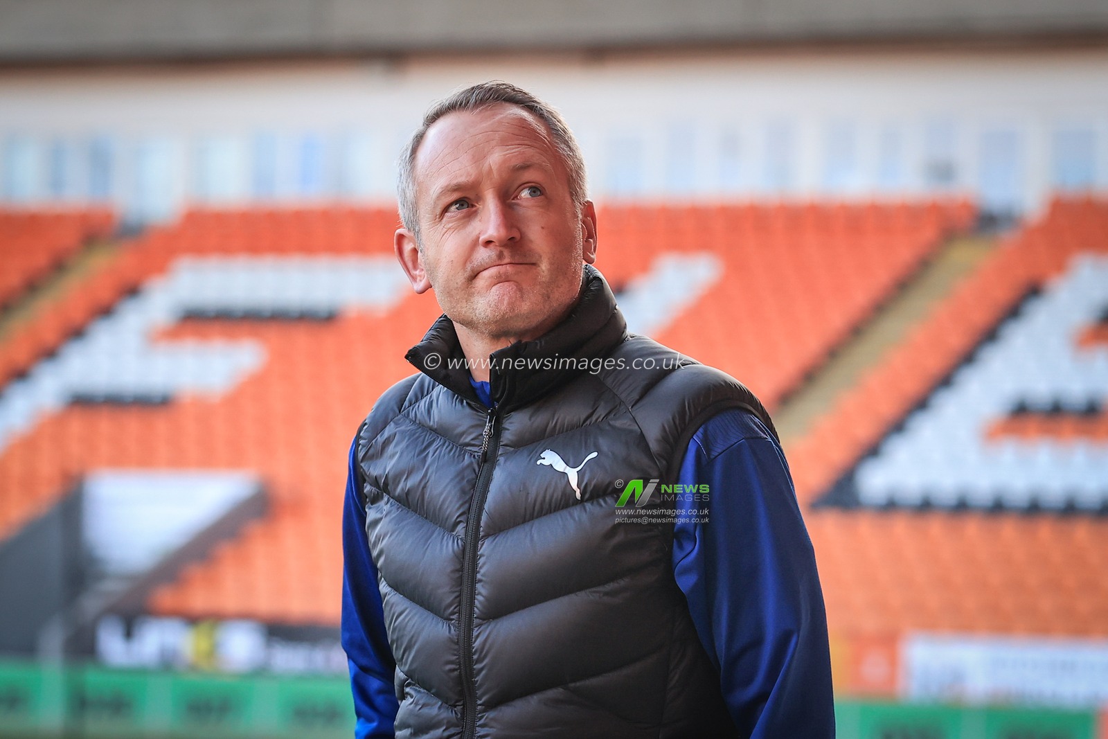 Neil Critchley head Coach of Blackpool arrives at Bloomfield Road