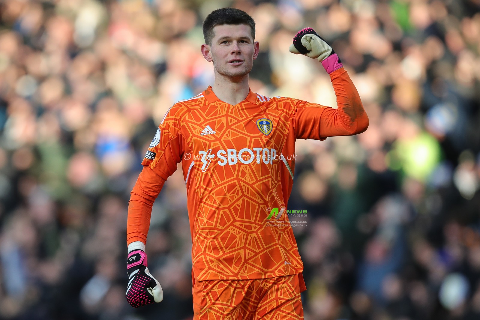 Illan Meslier #1 of Leeds United pumps his fist and celebrates the opening goal for his team in the second half of the Premier League match Leeds United vs Southampton at Elland Road, Leeds, United Kingdom, 25th February 2023

(Photo by James Heaton/News Images)
