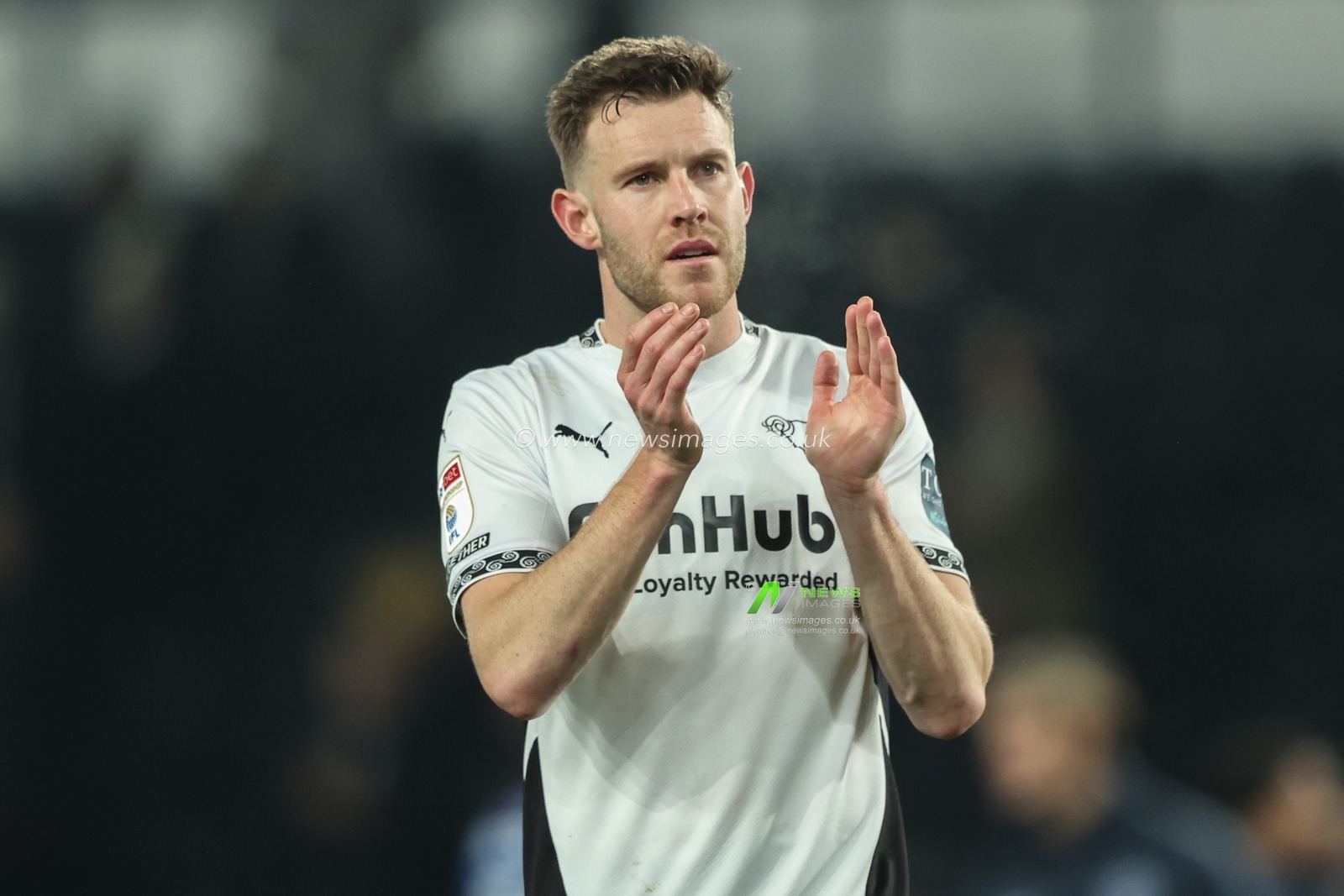 Callum Elder of Derby County applauds the fans after the game during the Sky Bet Championship match Derby County vs Portsmouth at Pride Park Stadium, Derby, United Kingdom, 13th December 2024

(Photo by Alfie Cosgrove/News Images)