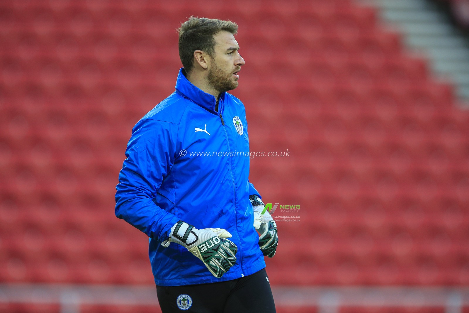 Jamie Jones #1 of Wigan Athletic during the pre-game warmup
