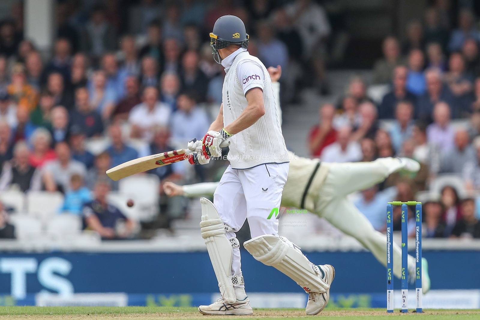 Zak Crawley of England watches as his shot is almost caught during the LV= Insurance Ashes Fifth Test Series Day One England v Australia at The Kia Oval, London, United Kingdom, 27th July 2023

(Photo by Gareth Evans/News Images)