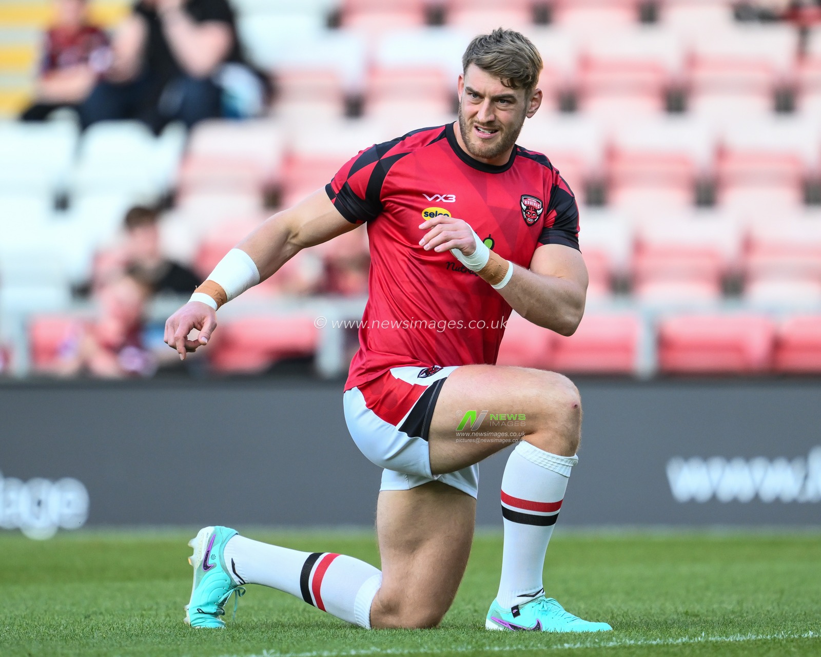 Jack Ormondroyd of Salford Red Devils stretches during pre match warm up ahead of the Betfred Super League Round 11 match Leigh Leopards vs Salford Red Devils at Leigh Sports Village, Leigh, United Kingdom, 10th May 2024

(Photo by Craig Thomas/News Images)