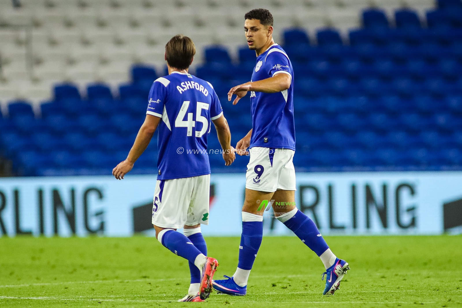 Yousef Salech of Cardiff City celebrates scoring his teams first goal with Cian Ashford during the Carabao Cup round 2 match Cardiff City vs Norwich City at Cardiff City Stadium, Cardiff, United Kingdom on 25 August 2026

(Photo by Andrew Lewis/News Images)