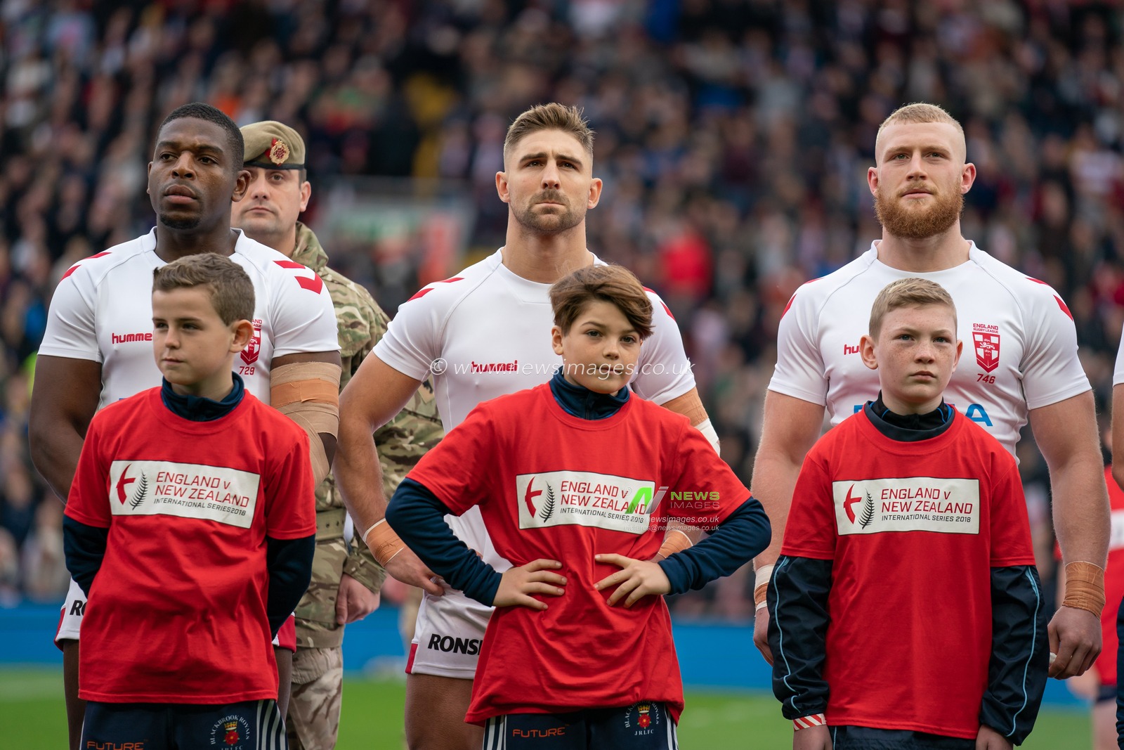 Jermaine McGillvary (L) Tommy Makinson (C) and Luke Thompson (R) of England. 4th November, Anfield, Liverpool, England ; Rugby League International Test Match , England v New Zealand ; 


Credit:  Terry Donnelly/News Images