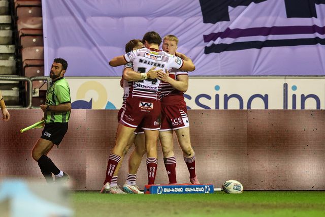 Zach Eckersley of Wigan Warriors celebrates his try during the Betfred Super League match Wigan Warriors vs Hull FC at The Brick Community Stadium, Wigan, United Kingdom on 21 February 2026

(Photo by Alfie Cosgrove/News Images)