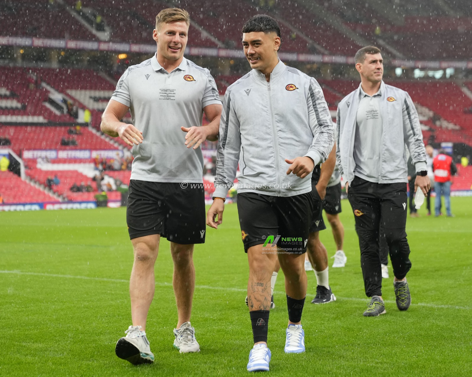 Tom Davies #2 of Catalans Dragons and Tiaki Chan #18 of Catalans Dragons inspects the pitch before the Betfred Super League Grand Final match Wigan Warriors vs Catalans Dragons at Old Trafford, Manchester, United Kingdom, 14th October 2023

(Photo by Steve Flynn/News Images)