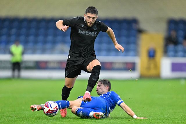 Mitch Hancox of Chester tackled Lynden Gooch of Stoke City during the Pre-season friendly match Chester vs Stoke City at Deva Stadium, Chester, United Kingdom, 11th July 2024

(Photo by Cody Froggatt/News Images)