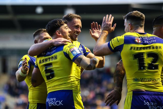 Matty Ashton of Warrington Wolves celebrates his try to make it 8-0 during the Betfred Super League Round 9 match Warrington Wolves vs St Helens at Halliwell Jones Stadium, Warrington, United Kingdom, 24th April 2025

(Photo by Gareth Evans/News Images)