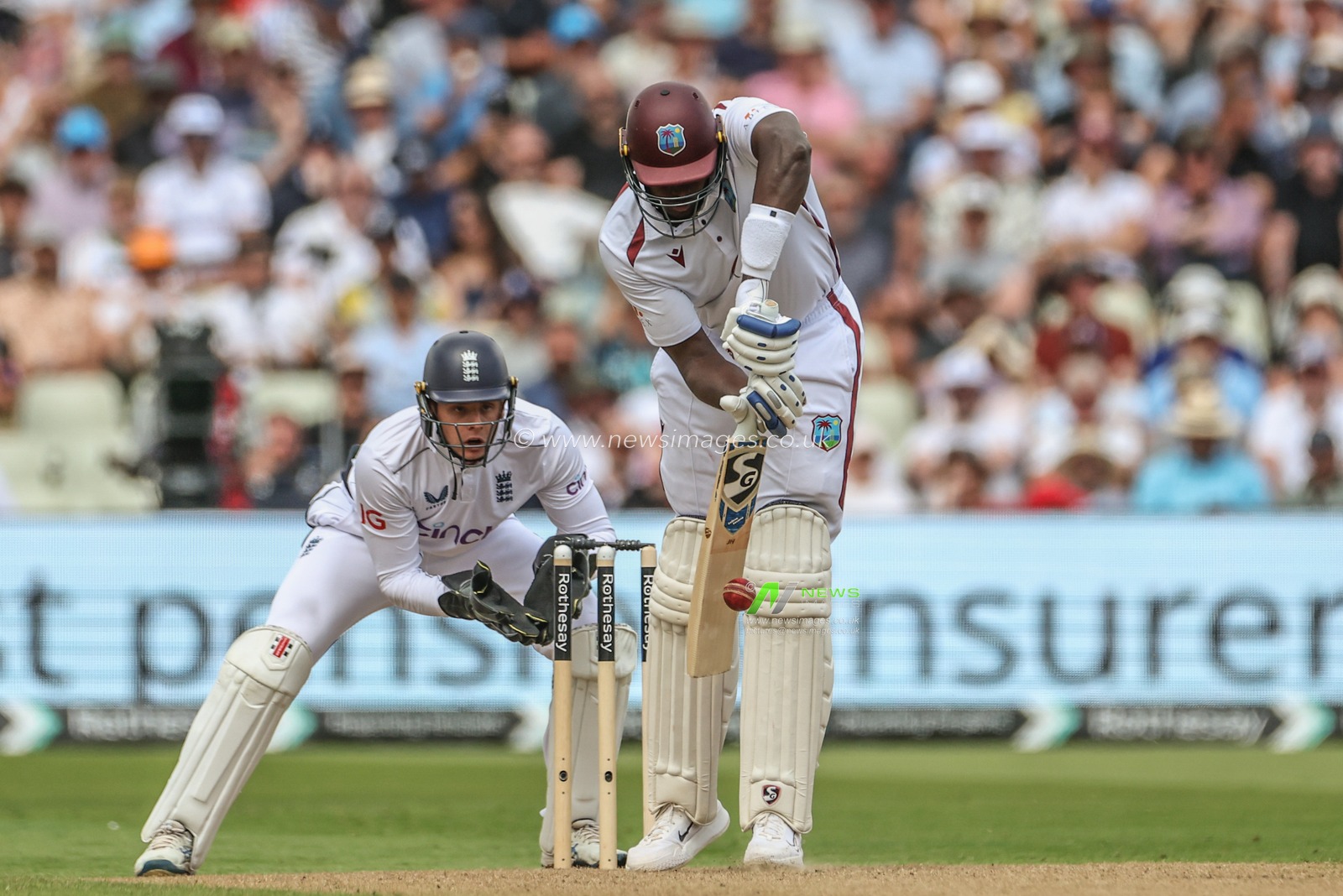 Jason Holder of West Indies plays a safety shot during the 3rd Rothesay Test Match Day One match England vs West Indies at Edgbaston, Birmingham, United Kingdom, 26th July 2024

(Photo by Mark Cosgrove/News Images)