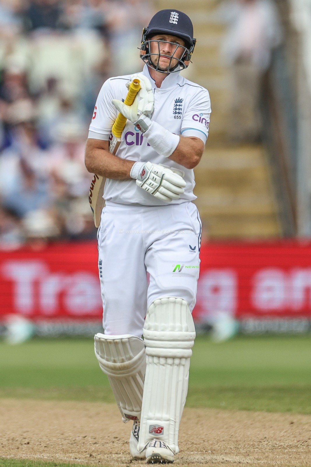 Joe Root of England leaves the field of play after being bowled out by LBW by Gudakesh Motie of West Indies during Day Two of the Rothesay Test match England vs West Indies at Edgbaston, Birmingham, United Kingdom, 27th July 2024

(Photo by Mark Cosgrove/News Images)