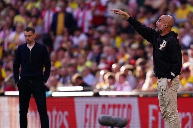 Pep Guardiola manager of Manchester City pointing out instructions to his players during the Emirates FA Cup Semi-Final match Manchester City vs Southampton at Wembley Stadium, London, United Kingdom on 25 April 2026

(Photo by Harvey Murphy/News Images)