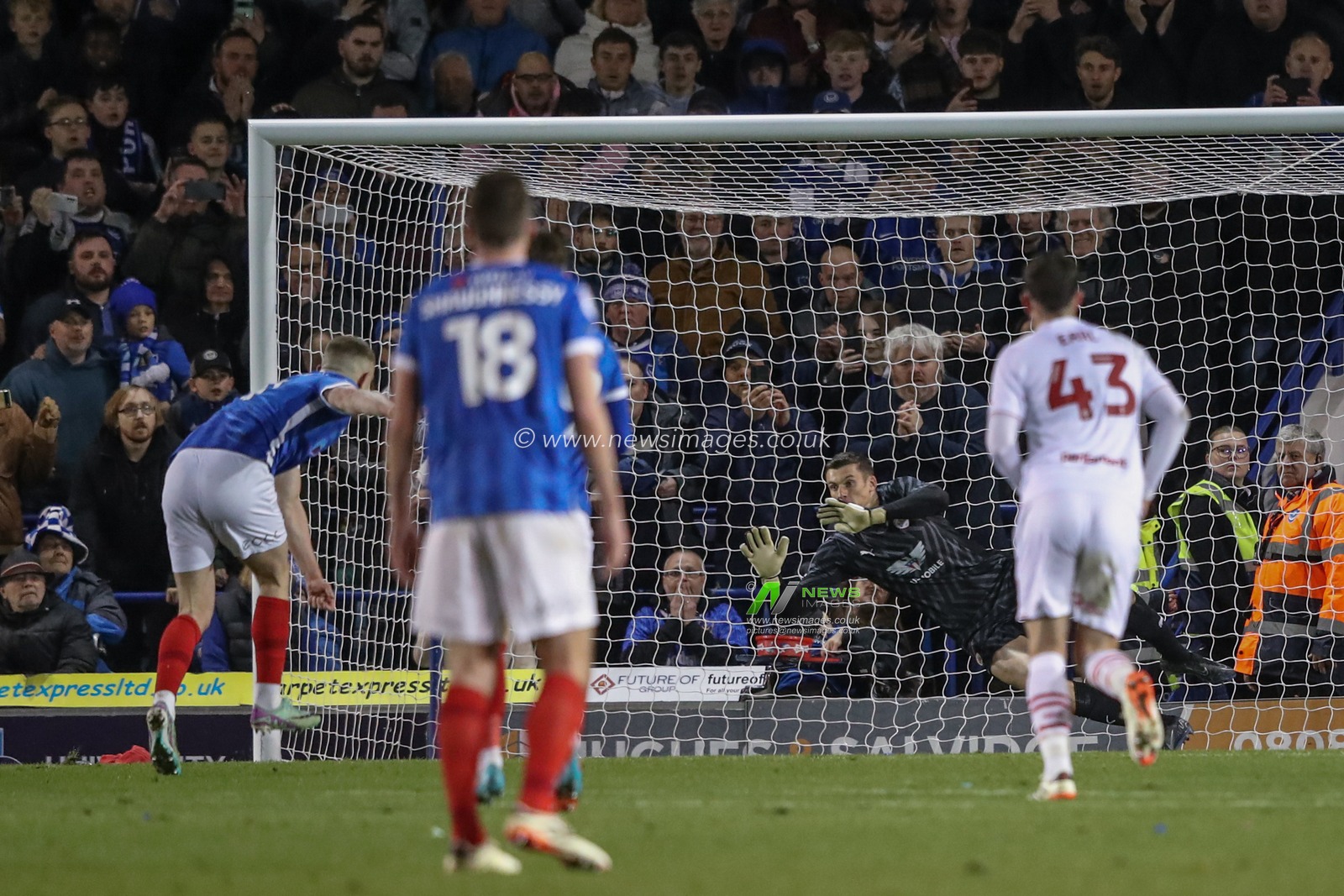 Colby Bishop of Portsmouth scores a penalty to make it 2-2 during the Sky Bet League 1 match Portsmouth vs Barnsley at Fratton Park, Portsmouth, United Kingdom, 16th April 2024

(Photo by Alfie Cosgrove/News Images)