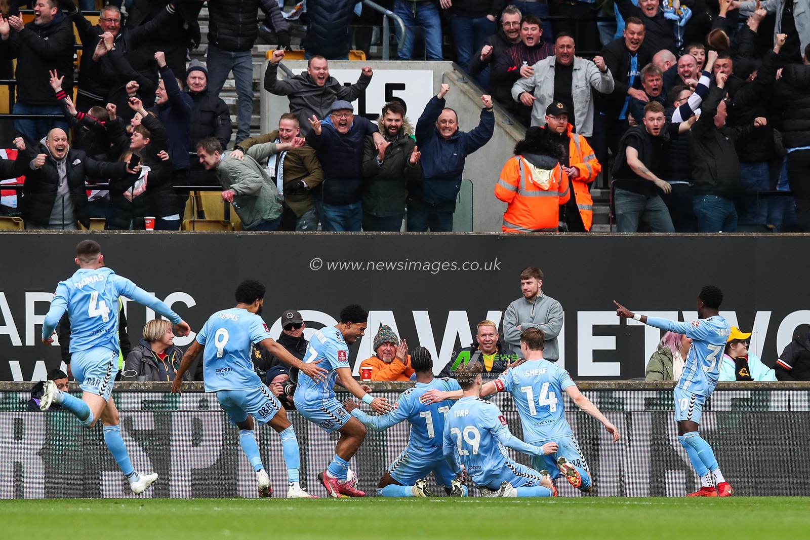 Haji Wright of Coventry City celebrates his goal to make it 2-3 during the Emirates FA Cup Quarter- Final match Wolverhampton Wanderers vs Coventry City at Molineux, Wolverhampton, United Kingdom, 16th March 2024

(Photo by Gareth Evans/News Images)