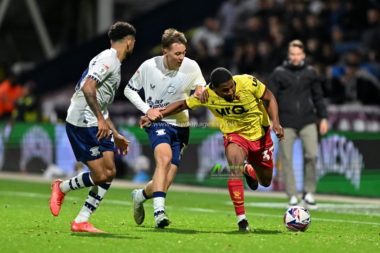 Yasser Larouci of Watford holds off Mads FrÃ¸kjÃ¦r-Jensen of Preston North End during the Sky Bet Championship match Preston North End vs Watford at Deepdale, Preston, United Kingdom, 2nd October 2024

(Photo by Cody Froggatt/News Images)