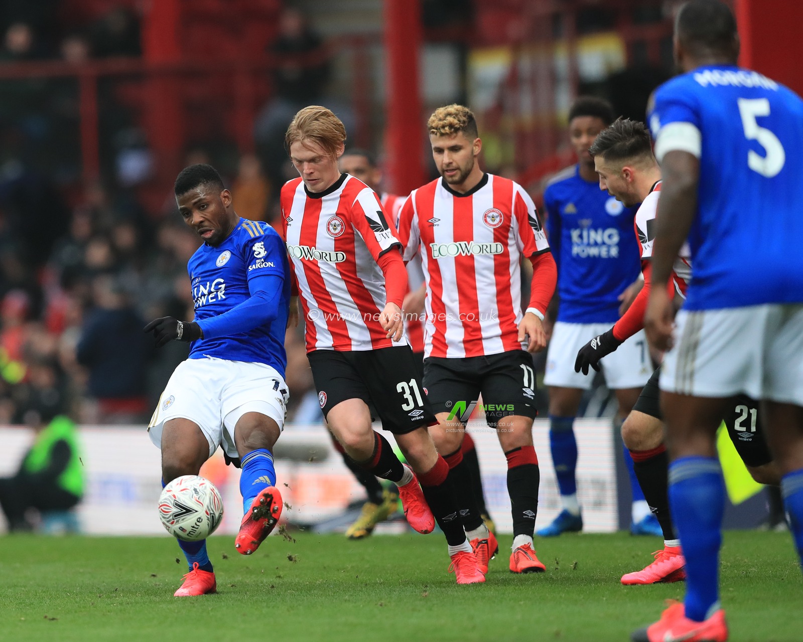 25th January 2020, Griffin Park, London, England; Emirates FA Cup, Brentford v Leicester City : Kelechi Iheanacho (14) of Leicester City and Jan Zamburek (31) of Brentford