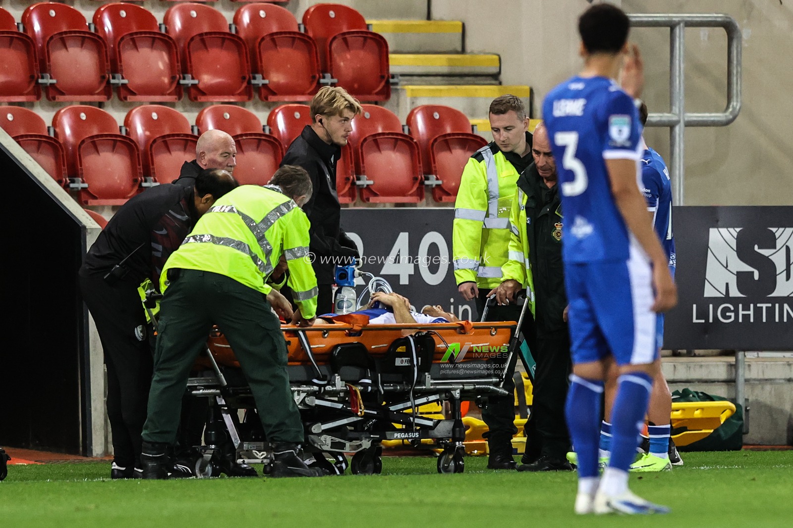 Tom Conlon of Oldham Athletic comes off on a stretcher after an injury during the The Vertu Trophy Northern Group E match Rotherham United vs Oldham Athletic at New York Stadium, Rotherham, United Kingdom, 7th October 2025

(Photo by Alfie Cosgrove/News Images)