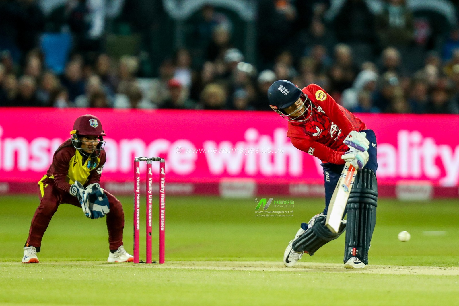 Sophia Dunkley of England Women hits the ball for four runs during the 1st Vitality IT20 Series England Women v West Indies Women at The Spitfire Ground, Canterbury, United Kingdom, 21st May 2025

(Photo by Izzy Poles/News Images)