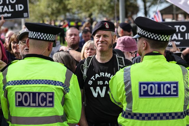 Protesters against the digital ID card gather outside the ACC as Merseyside Police attend during the Labour Party Annual Conference 2025 at The ACC, Liverpool, United Kingdom, 28th September 2025

(Photo by Mark Cosgrove/News Images)