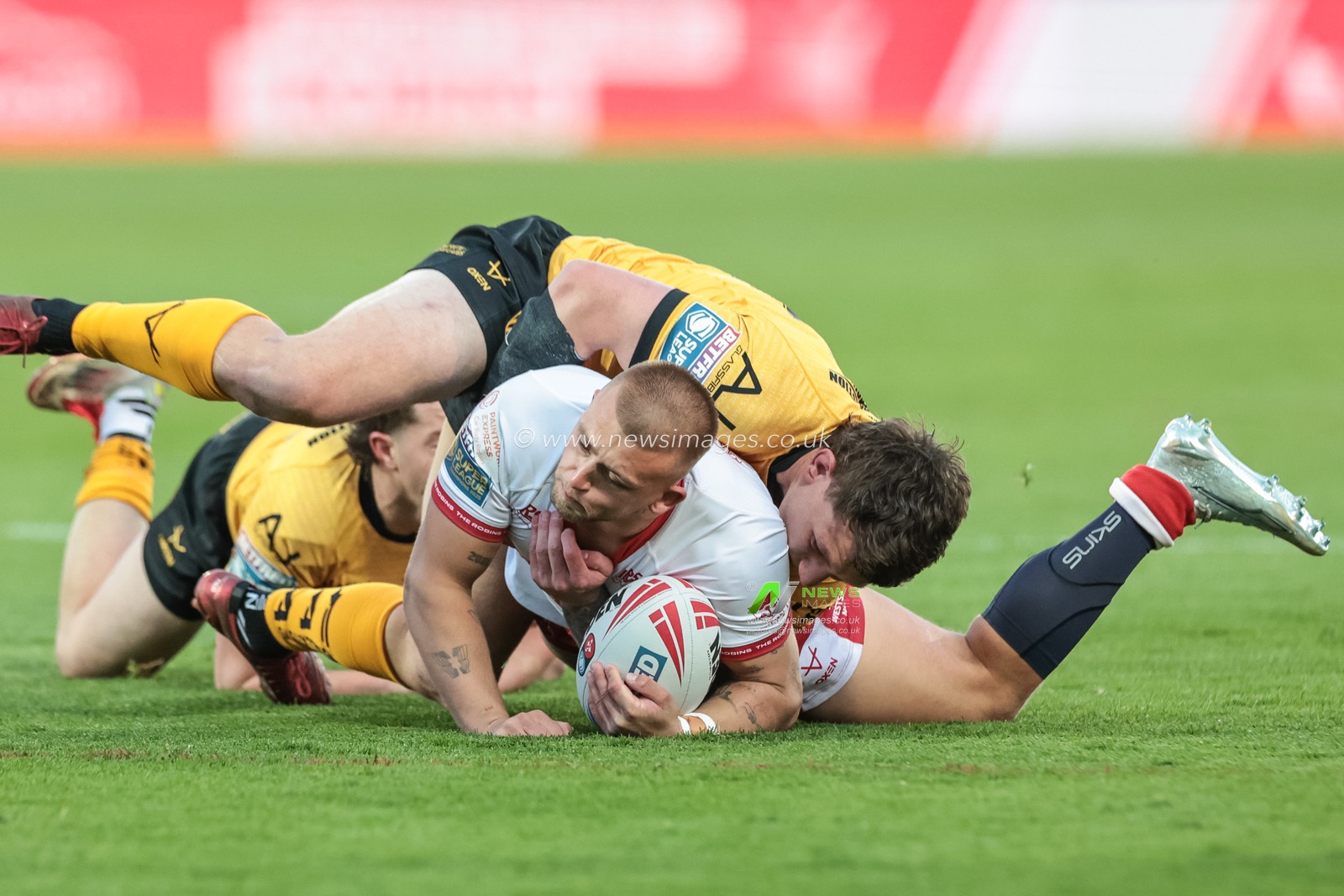 Mikey Lewis of Hull KR is tackled during the Betfred Super League round 10 match Hull KR vs Castleford Tigers at Sewell Group Craven Park, Hull, United Kingdom on 30 April 2026

(Photo by Mark Cosgrove/News Images)