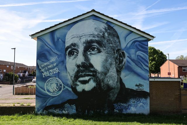 A Pep Guardiola mural on a fans house just over the road from the Etihad Stadium during the Premier League match Manchester City vs Aston Villa at Etihad Stadium, Manchester, United Kingdom on 24 May 2026

(Photo by Mark Cosgrove/News Images)
