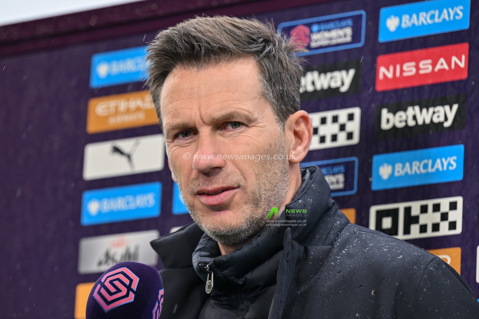 Gareth Taylor manager of Manchester City Women gets interviewed ahead of the Barclays Women's Super League match Manchester City Women vs Aston Villa Women at Joie Stadium, Manchester, United Kingdom, 20th October 2024

(Photo by Cody Froggatt/News Images)