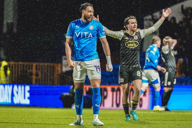 Stockport County Forward Kyle Woottonâ€™s shot is put in the net by the Exeter defender during the Sky Bet League 1 match Stockport County vs Exeter City at Edgeley Park Stadium, Stockport, United Kingdom, 7th December 2024

(Photo by James Giblin/News Images)