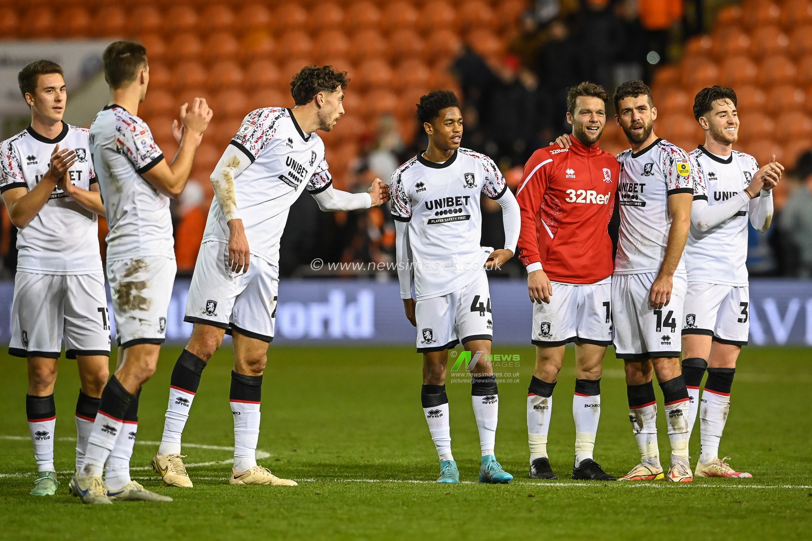 Middlesbrough players applaud the fans at the end of the  Sky Bet Championship match Blackpool vs Middlesbrough at Bloomfield Road, Blackpool, United Kingdom, 8th November 2022

(Photo by Craig Thomas/News Images)