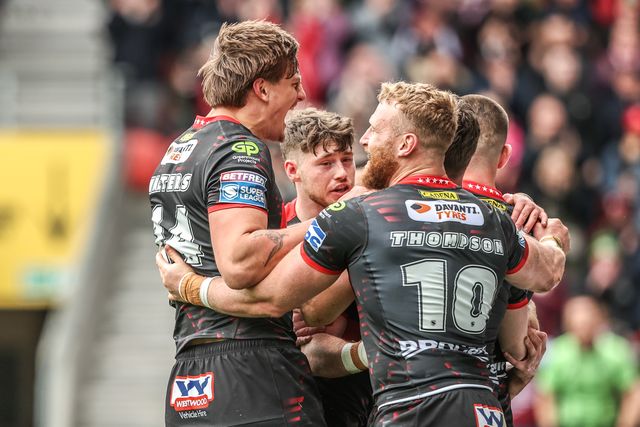 Harry Smith of Wigan Warriors celebrates his try during the Betfred Super League round 7 match St Helens vs Wigan Warriors at The BrewDog Stadium, St Helens, United Kingdom on 03 April 2026

(Photo by Alfie Cosgrove/News Images)