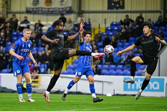 Niall Ennis of Stoke City shoots on goal during the Pre-season friendly match Chester vs Stoke City at Deva Stadium, Chester, United Kingdom, 11th July 2024

(Photo by Cody Froggatt/News Images)
