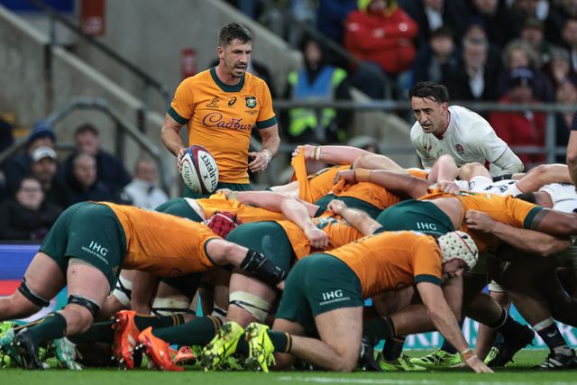 Jake Gordon of Australia holds the ball at the scrum during the Quilter Nations Series 2025 match England vs Australia at Allianz Stadium, Twickenham, United Kingdom, 1st November 2025

(Photo by Mark Cosgrove/News Images)

*** GER AUT SUI OUT ***