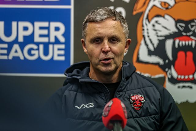 Paul Rowley manager of Salford Red Devils speaks in the post match press conference during the Betfred Super League Round 4 match Castleford Tigers vs Salford Red Devils at The Mend-A-Hose Jungle, Castleford, United Kingdom, 7th March 2025

(Photo by Alfie Cosgrove/News Images)
