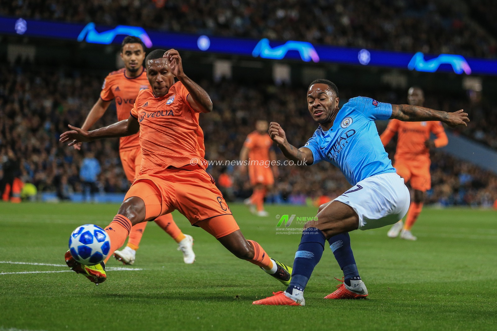 19th September 2018, Etihad Stadium, London, England; UEFA Champions League, Manchester City v Lyon; Raheem Sterling (07) of Manchester City  shoots and hits the side netting

Credit: Mark Cosgrove/News Images