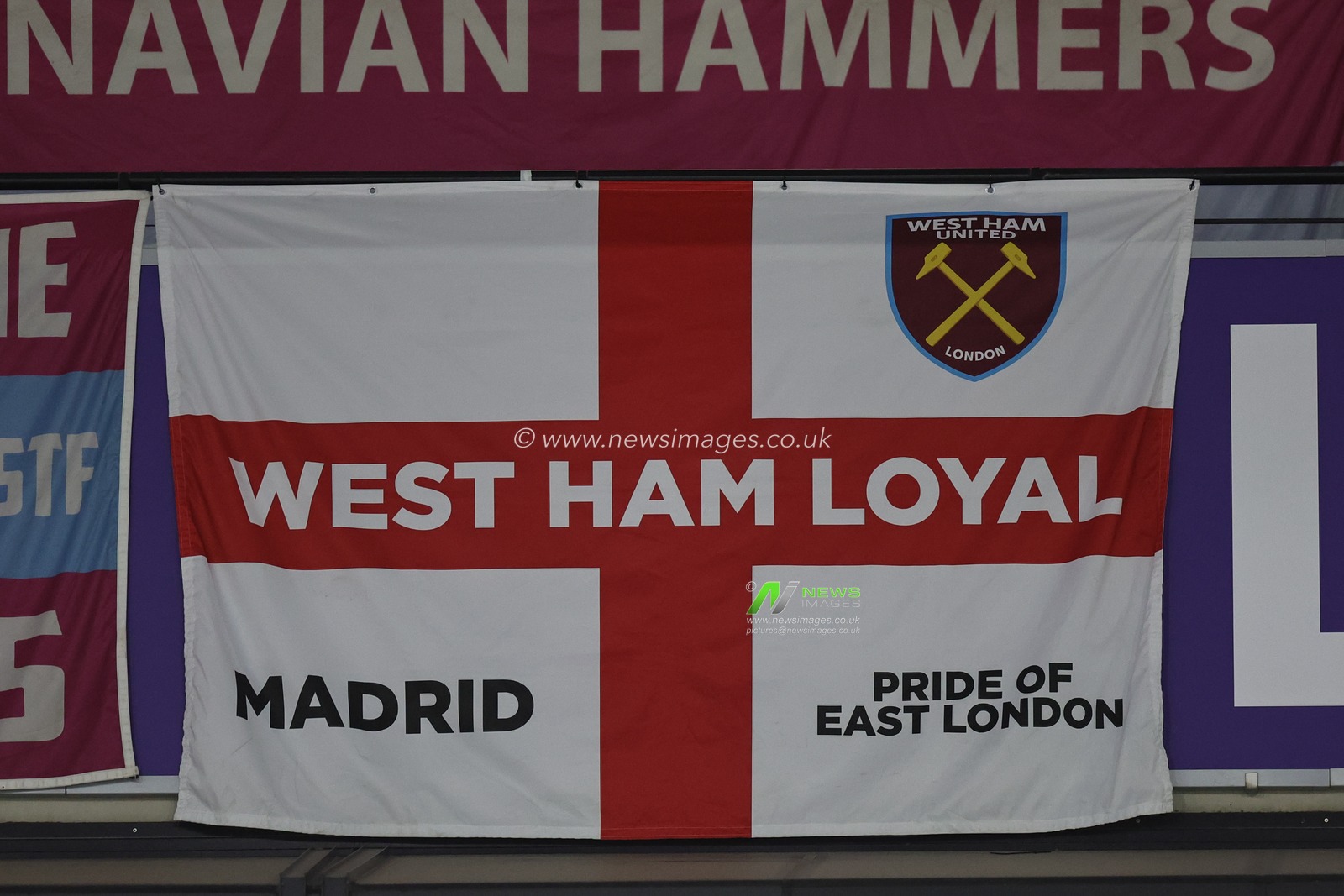 West Ham United flags are seen at the London Stadium ahead of the Carabao Cup Fourth Round match West Ham United vs Arsenal at London Stadium, London, United Kingdom, 1st November 2023

(Photo by Mark Cosgrove/News Images)